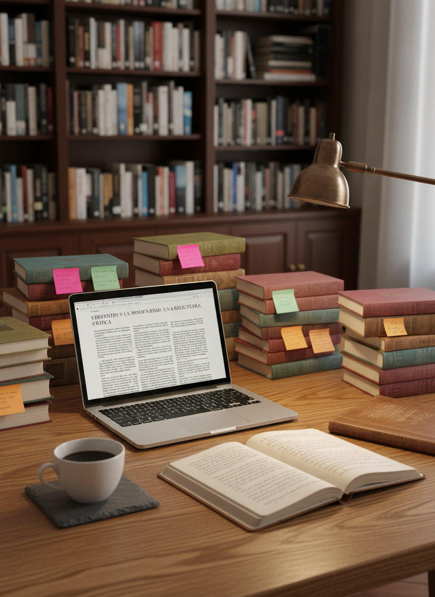 An elegantly curated workspace devoted to Spanish literary research: a large oak table with visible grain patterns, covered by carefully stacked Spanish novels with textured covers, color-coded sticky notes protruding from their edges. A high-quality laptop displays a Spanish academic article, its screen brightness harmonized with the ambient light. Nearby, a porcelain cup of black coffee rests on a slate coaster, and a slim metal desk lamp casts a warm, directional glow across handwritten annotations. In the background, tall bookcases filled with Spanish and Latin American literature blur softly. Photographic realism, slightly elevated angle, balanced composition with warm, intimate lighting that suggests focused, sophisticated intellectual work in education and cultural projects.