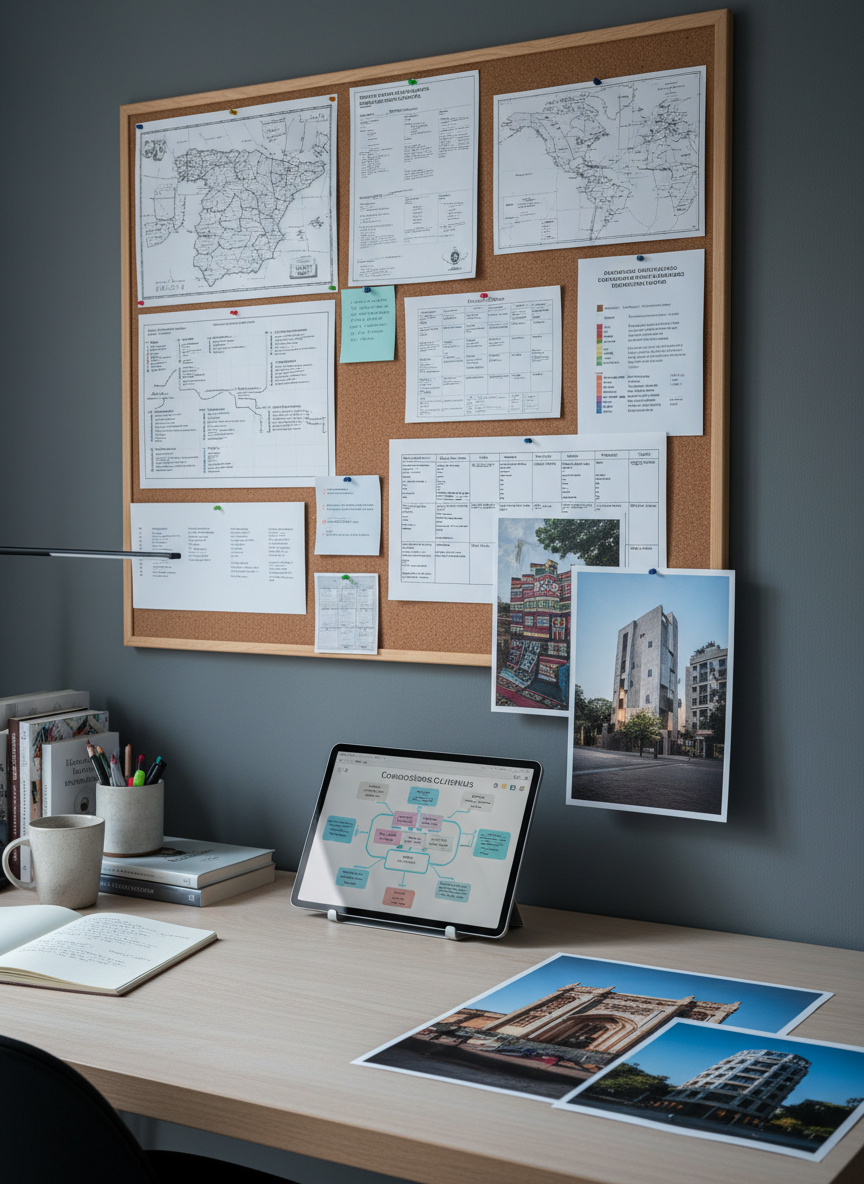A sophisticated desktop dedicated to Spanish language projects, featuring a large corkboard leaning against a matte charcoal wall, covered with neatly pinned maps of Spain and Latin America, printed timelines of literary movements, and color-coded project briefs in Spanish. On the desk, a sleek tablet displays a mind map of a cultural research project, its glass surface catching subtle reflections. High-quality printed photographs of Spanish architecture and traditional textiles overlap at the edge. Cool, diffused afternoon light from an unseen window creates gentle, even illumination with minimal shadow, enhancing readability. Photographic realism, straight-on perspective with moderate depth of field, producing a clean, modern, academic atmosphere that feels methodical, creative, and globally connected.