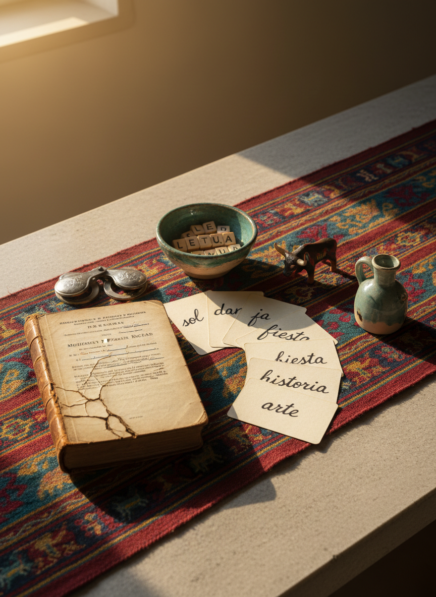 An intricate composition of Spanish cultural artifacts laid out on a richly woven textile runner inspired by Latin American patterns, placed on a smooth stone surface. A well-worn Spanish dictionary with a subtly cracked spine lies open at a page of idioms, beside neatly arranged flashcards featuring handwritten Spanish vocabulary in elegant ink. A small, glazed ceramic bowl holds letter tiles spelling out “cultura” and “lengua”. Golden hour light from a side window bathes the scene, casting a warm glow and soft, diffuse shadows that accentuate texture. The background recedes into a muted, out-of-focus wall in soft beige. Photographic realism, overhead shot, creating an organized yet artistic mood that blends language learning with rich cultural appreciation.